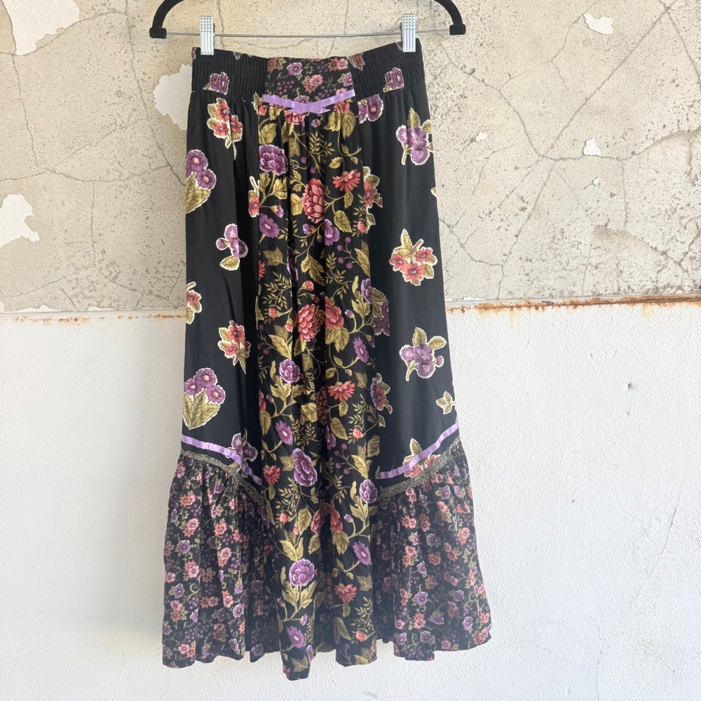 Vintage Maxi Skirt Patchwork Floral Tiered Romantic Boho Prairie 70s Womens S